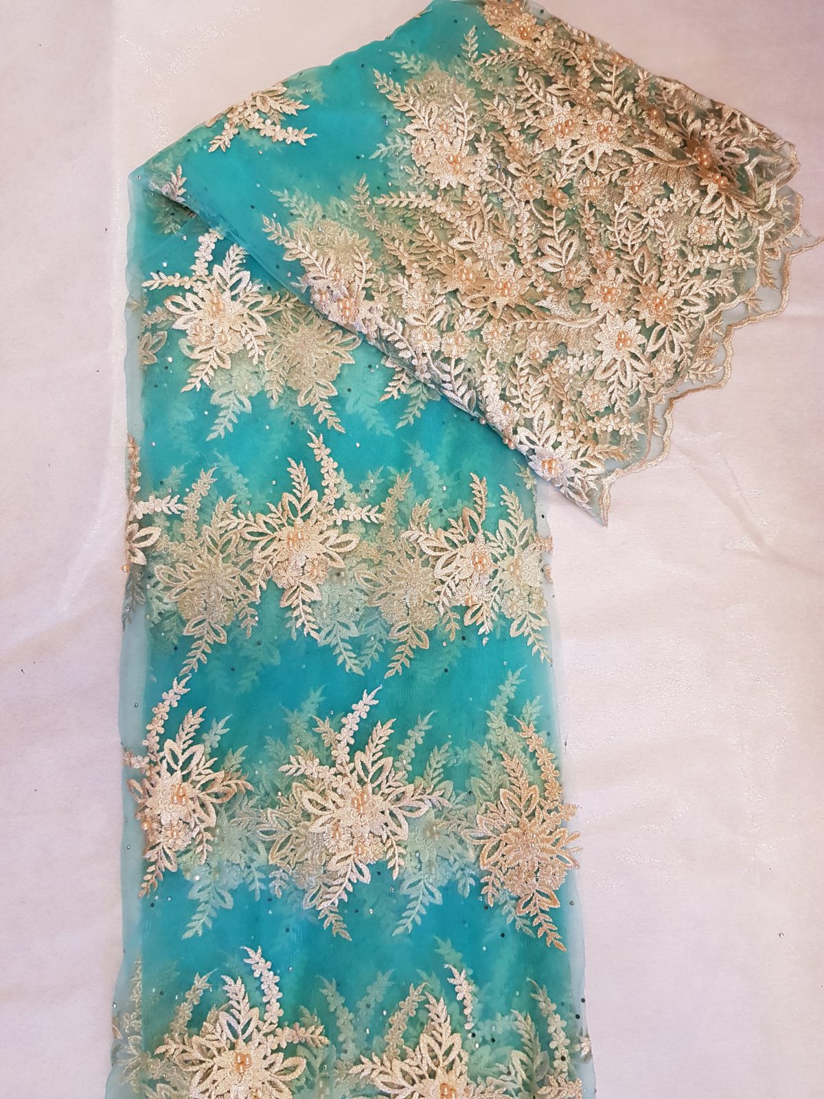 French Lace Turquoise Blue & Gold African Fabric for Party Dress